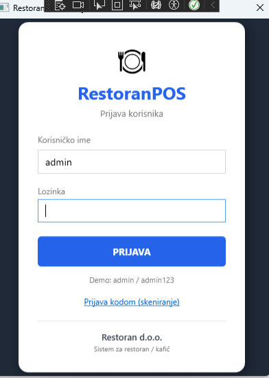 Ekran za prijavu u RestoranPOS